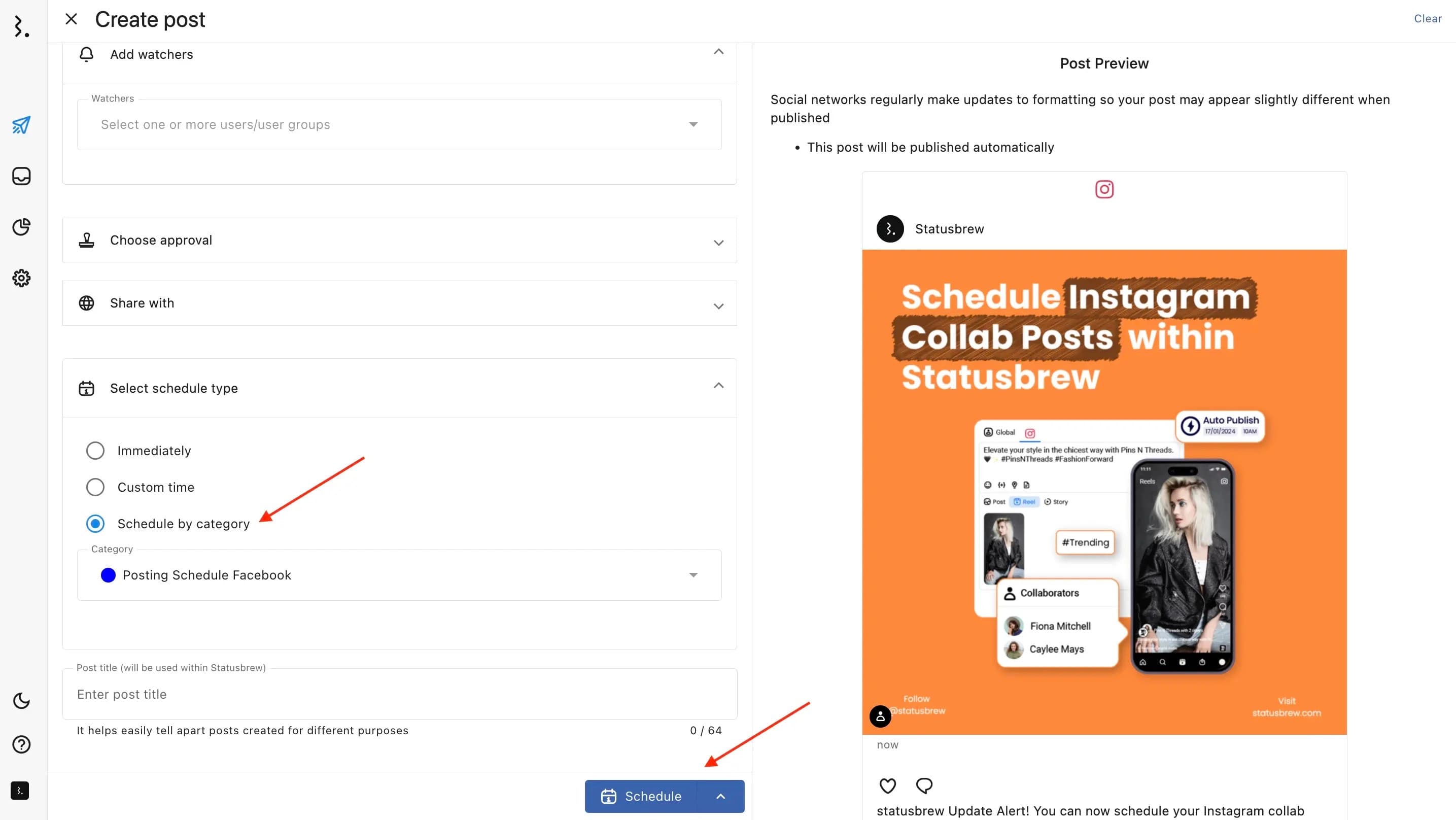 Schedule by category in Statusbrew