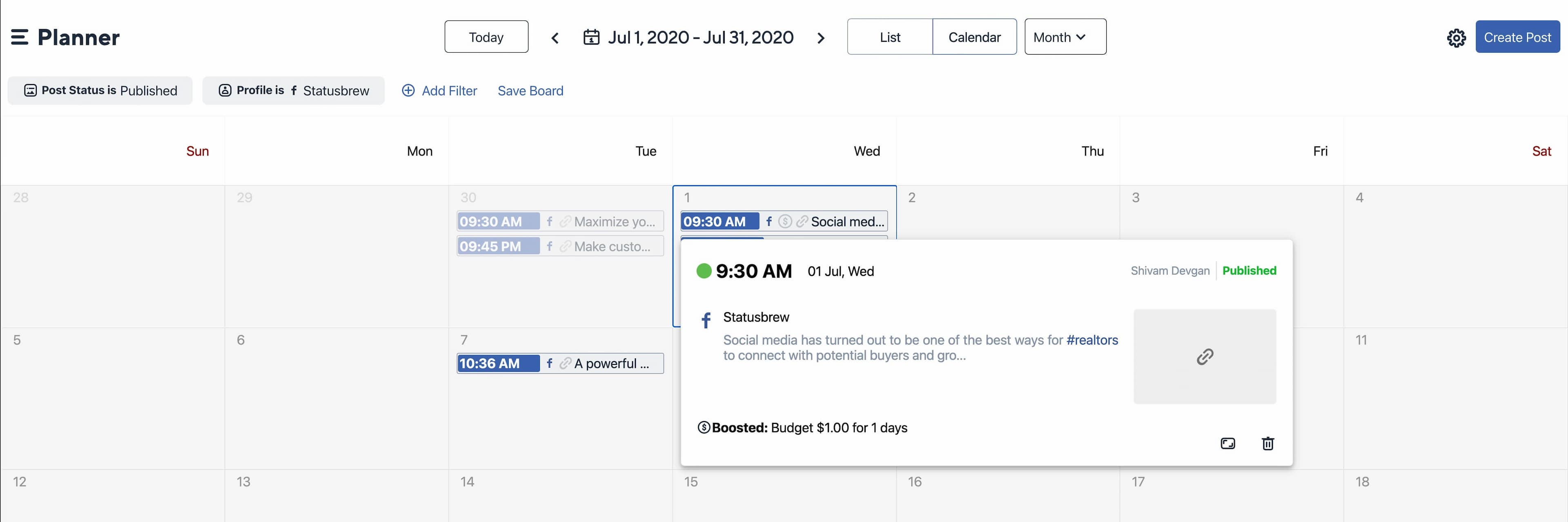 Boost Post in Planner