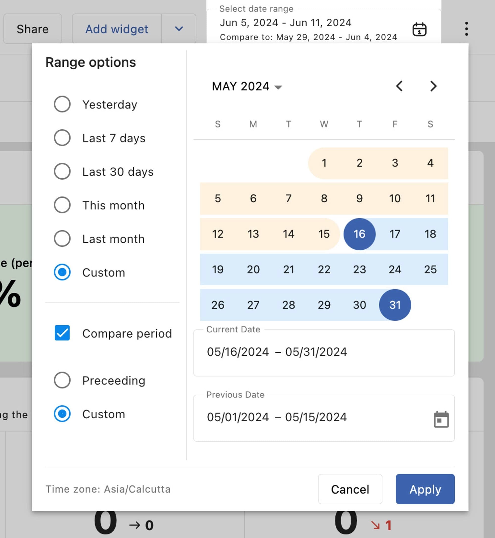 Select date range in reports