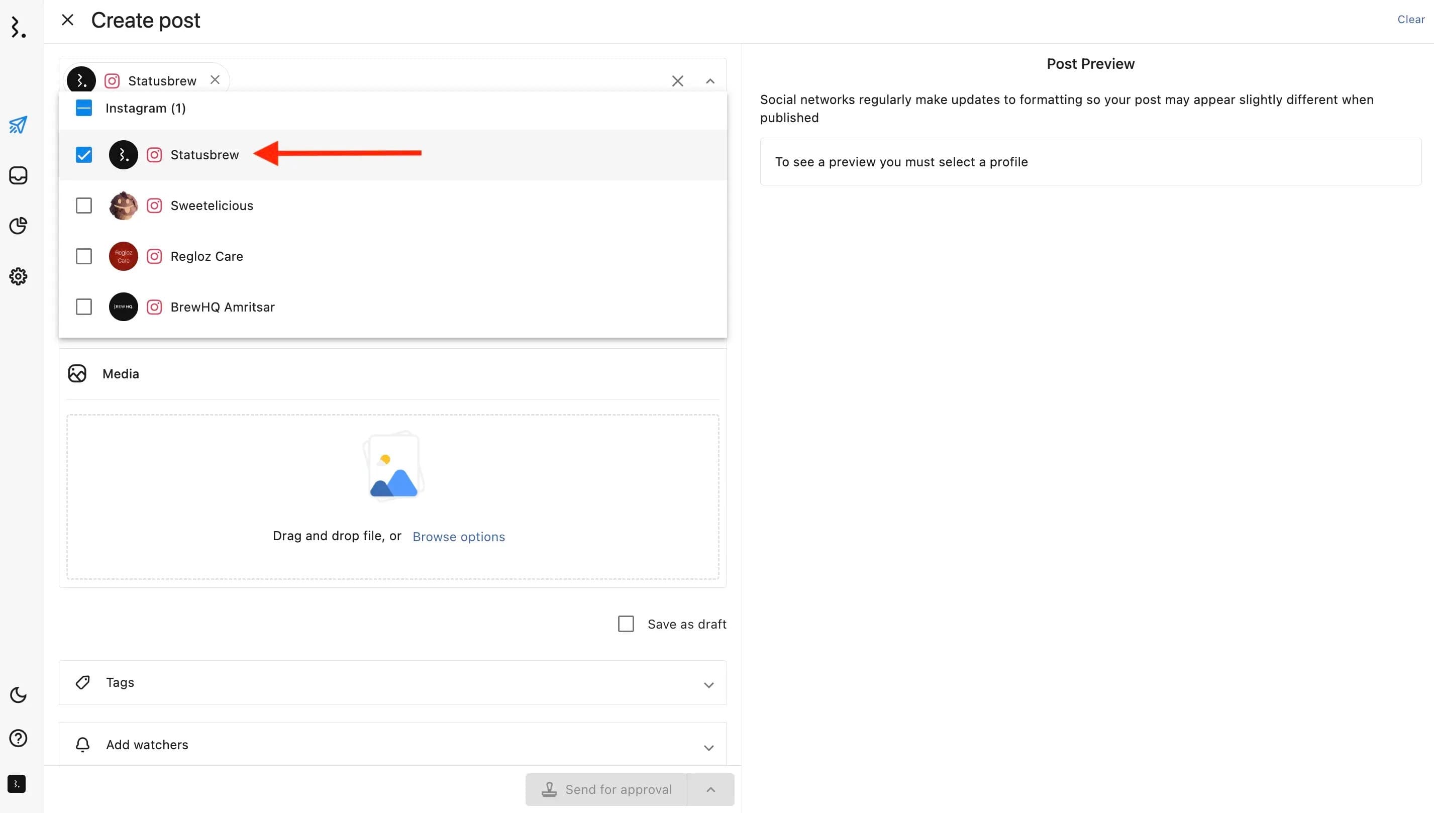 Choosing profiles in Statusbrew