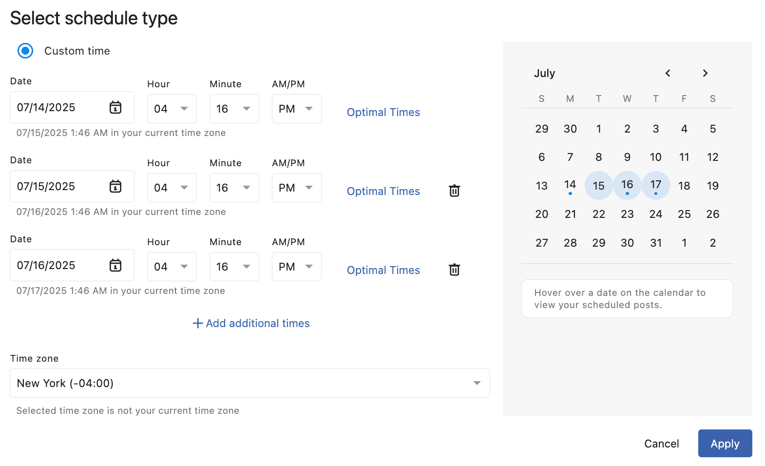 Select schedule type dialog box > Add additional times