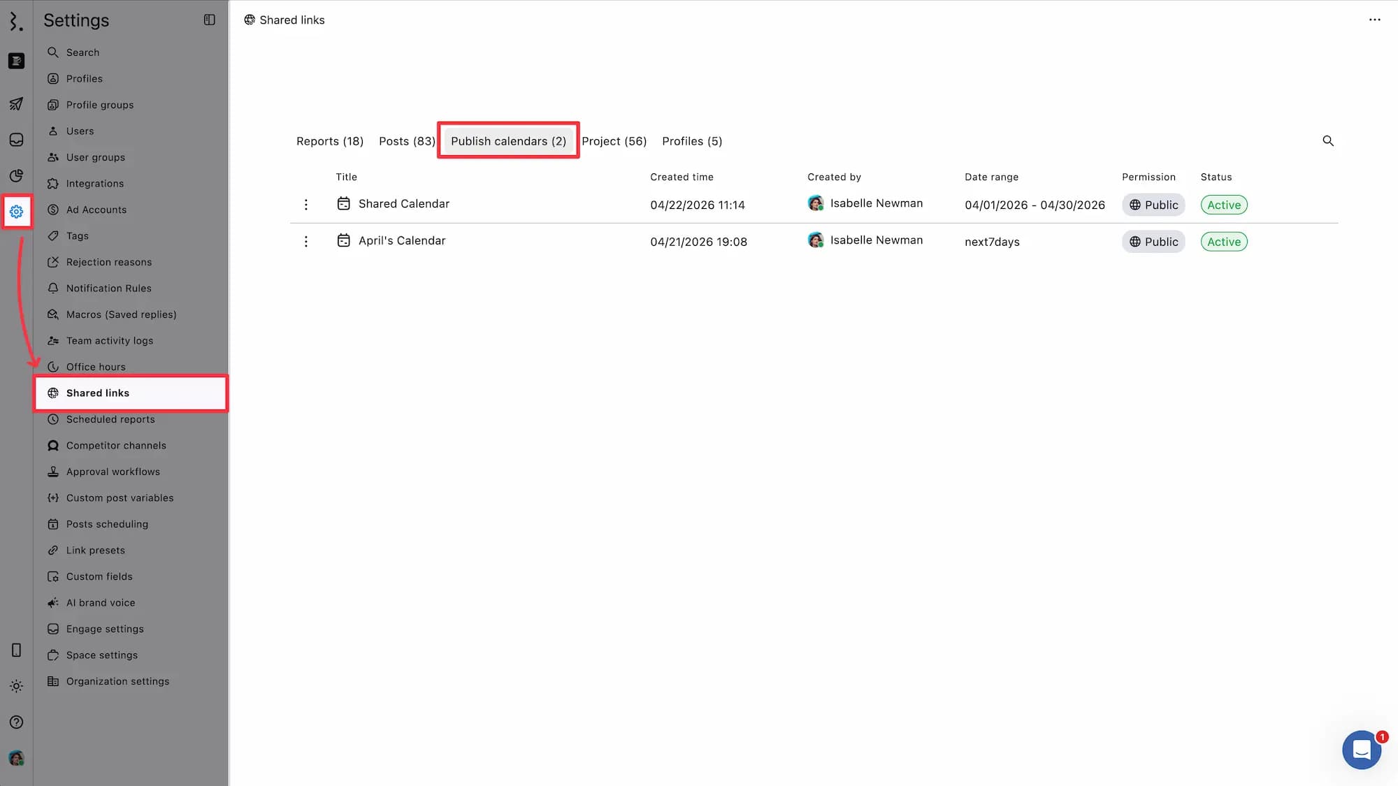 Settings > Shared Links