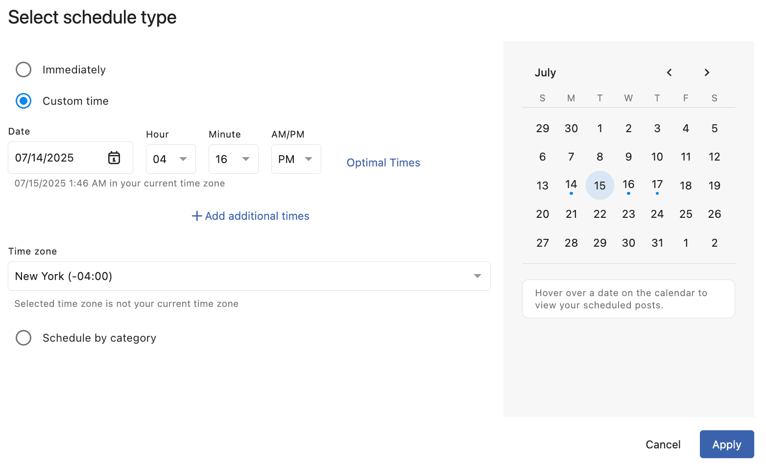 Select schedule type dialog box